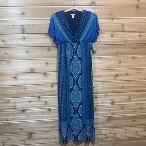London Times NWT Maxi Dress Size 4 Navy Paisley V-Neck Short Sleeve Boho